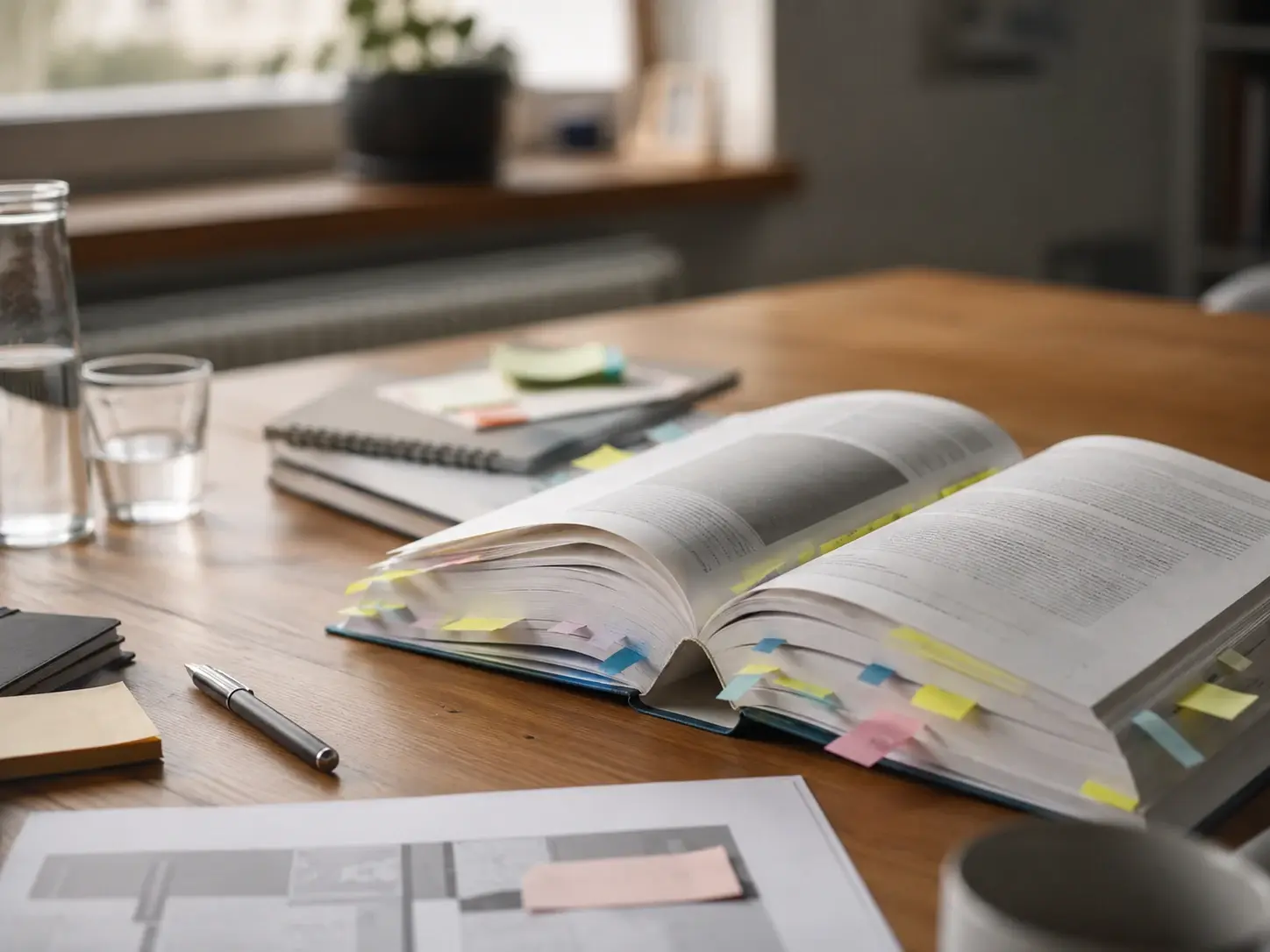 Ein markiertes Buch mit Arbeitsunterlagen und Notizen auf einem Tisch.