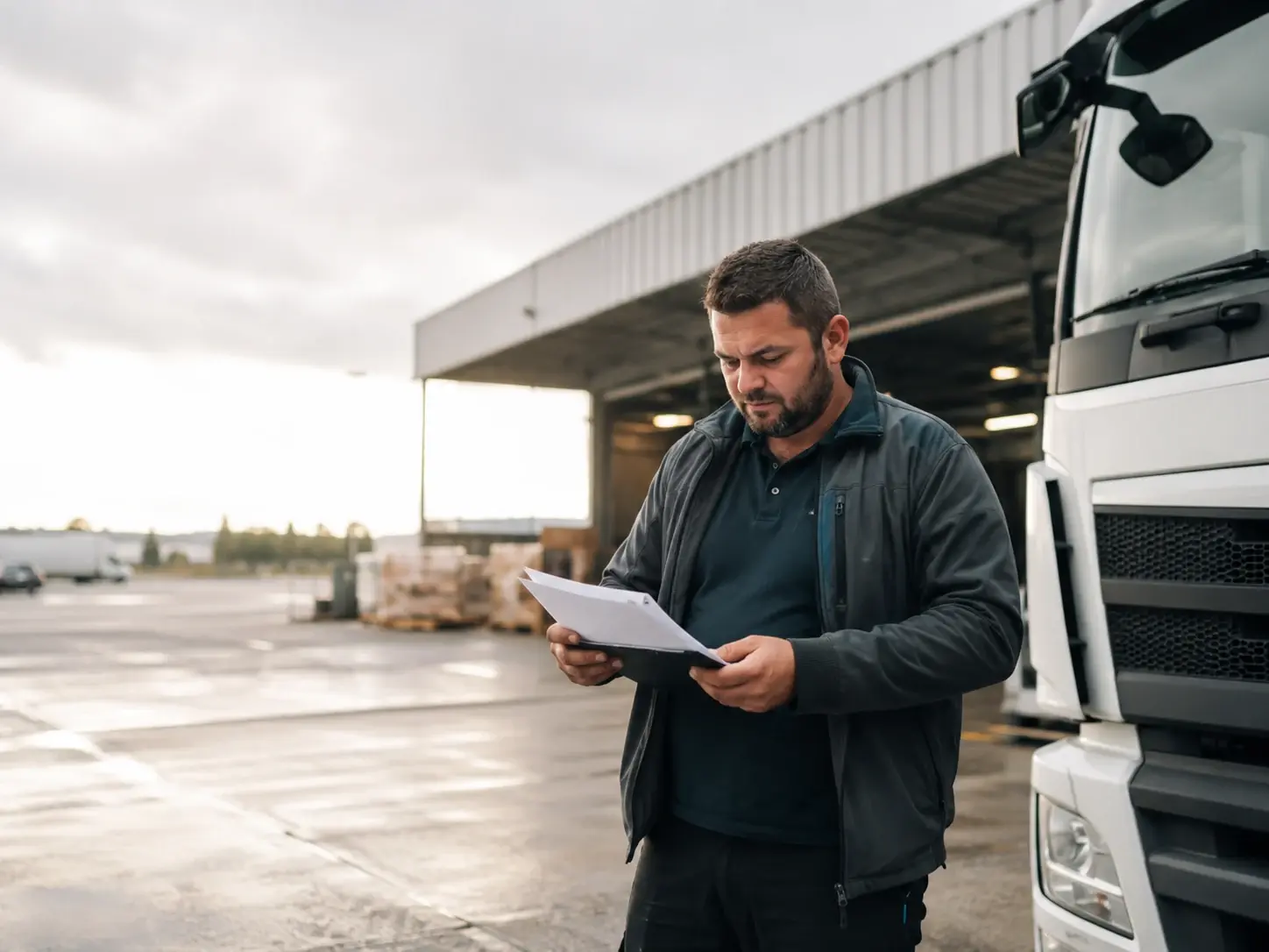 Ein Fahrer prüft Unterlagen an einem LKW im Logistikumfeld.