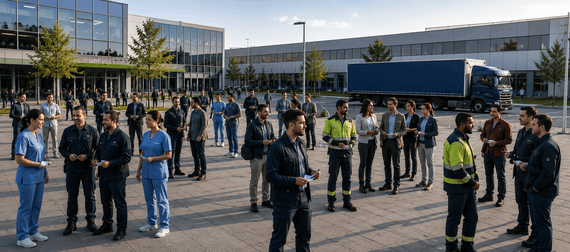 Gruppe von internationalen Fachkräften wie Pflegekräften und LKW-Fahrer treffen Vorgesetzte.